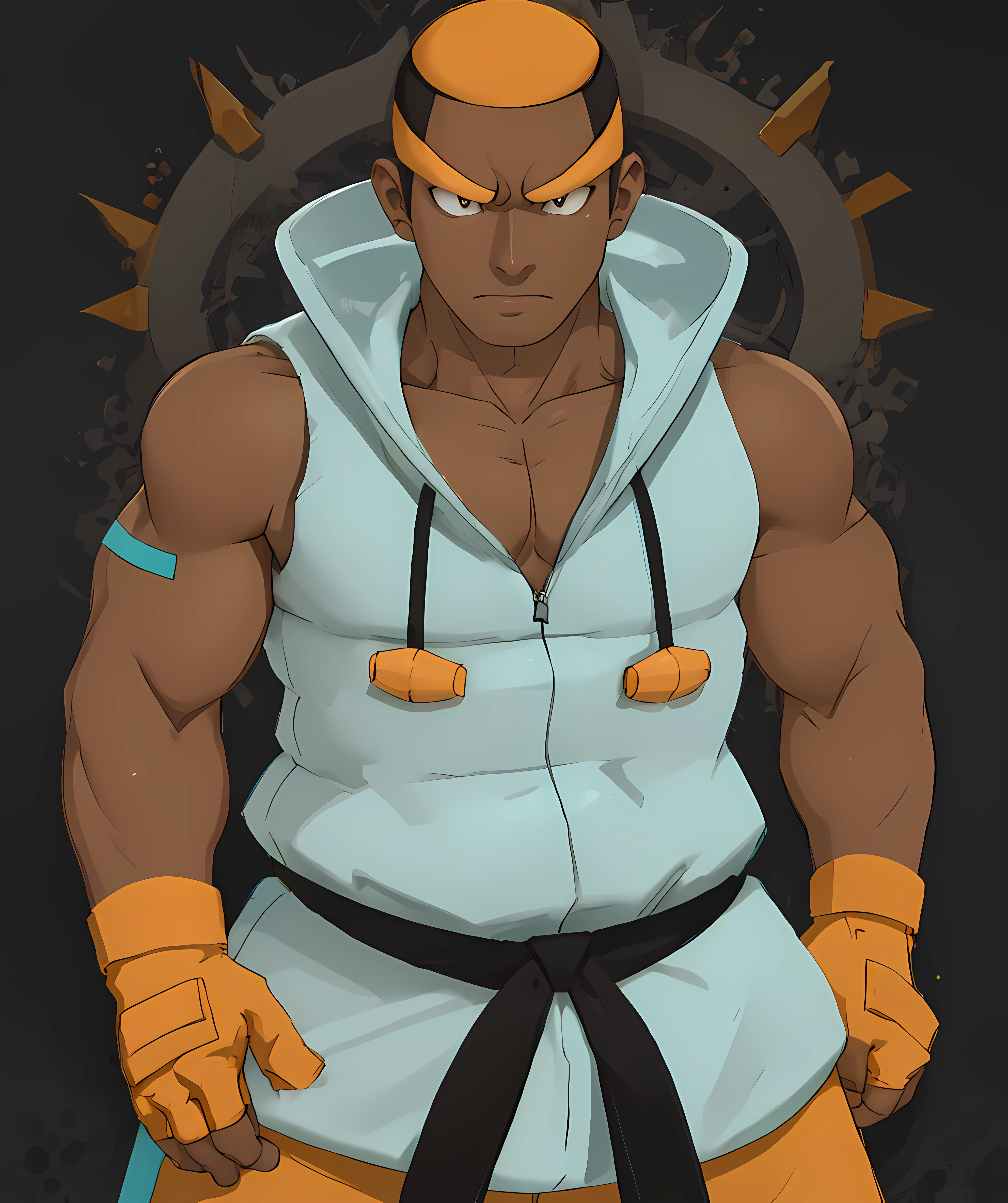 marshal_pokemon, orange eyebrows, orange short hair, orange tracktrackpants, sleeveless teal jacket, fingerless orange gloves, dark skin, gym, dojo, muscular, standing, looking at viewer, black belt, male focus <lora:Marshal-15:0.85>