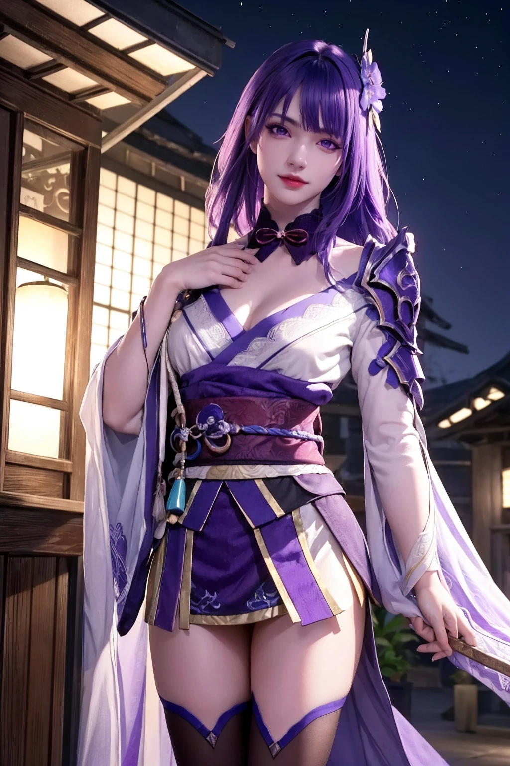 raidenshogundef, upper body, smile, blush, outdoors, cherry blossoms, day, simple background, blue sky, long hair, sky, temple, looking at viewer, stairs, mountain, moody lighting, facing viewer, high quality, high res, (masterpiece:1.4),8k