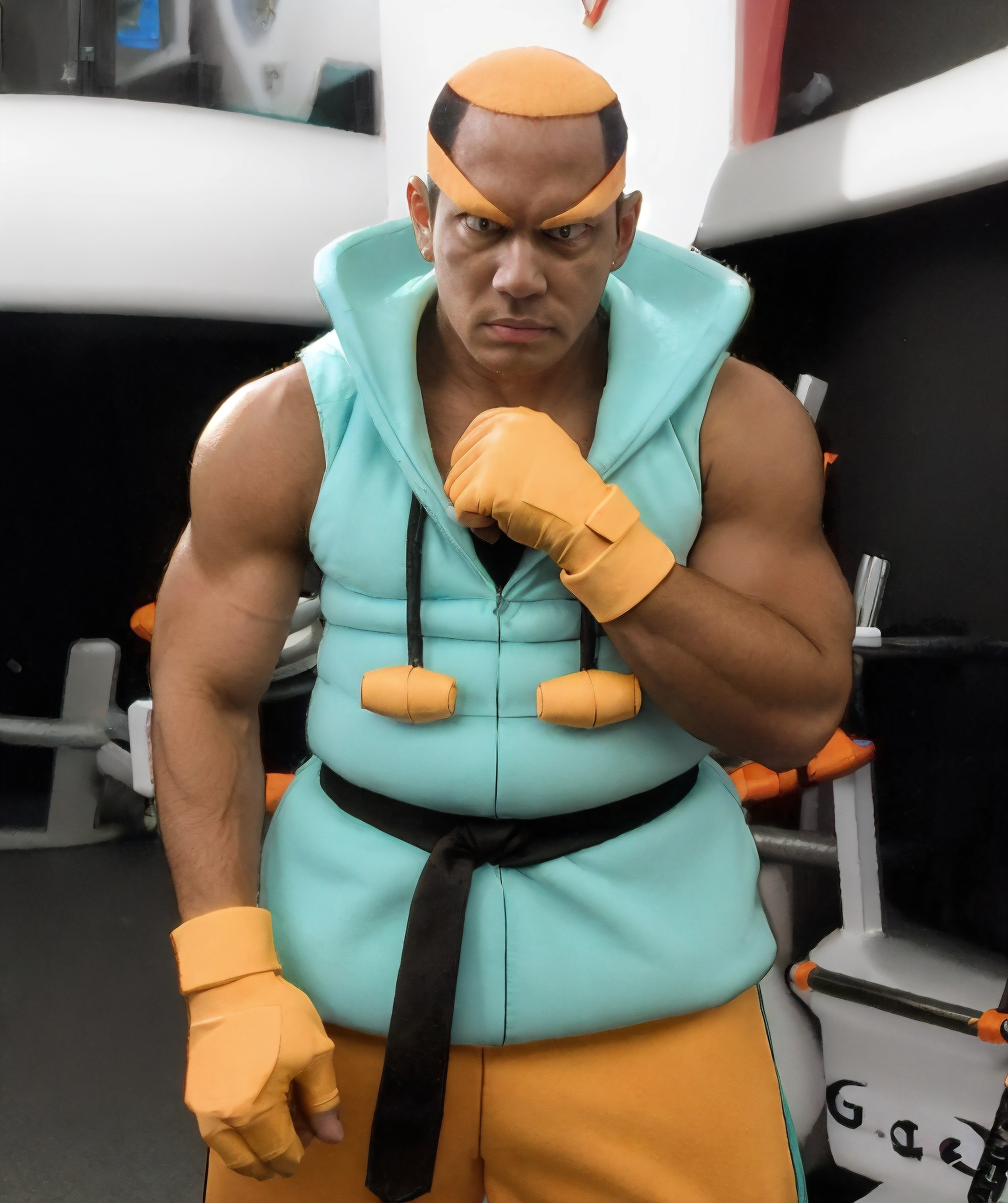 marshal_pokemon, orange eyebrows, orange short hair, sleeveless teal jacket, fingerless orange gloves, dark skin, gym, dojo, muscular, standing, looking at viewer, black belt<lora:Marshal-15:0.85>