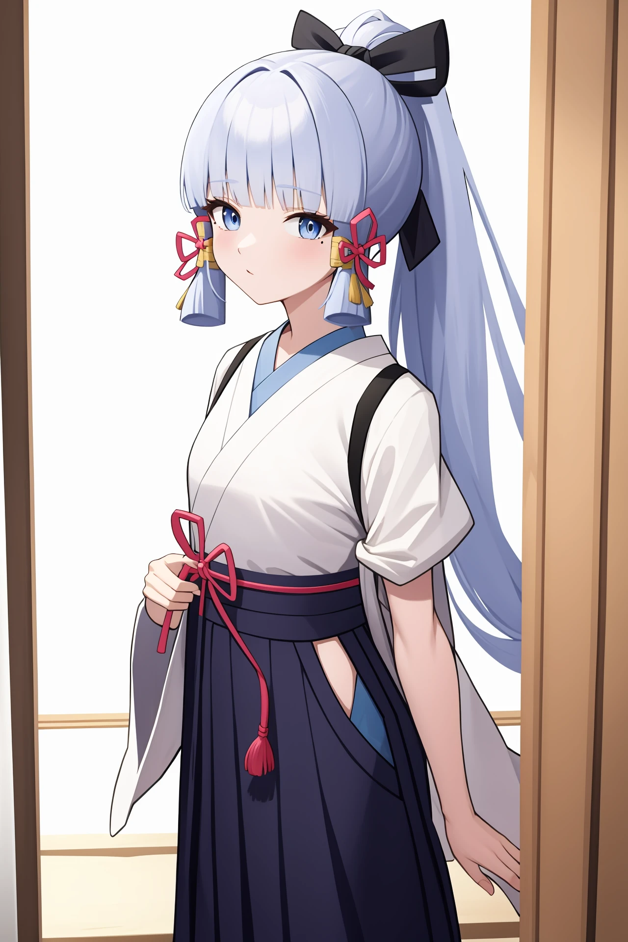 <lora:ç¥éåéæ:1:lbw=char>,kamisato ayaka,bangs,long hair,ponytail,ribbon,blunt bangs,hair ribbon,blue eyes,blue hair,japanese clothes,skirt,kimono,sidelocks,hakama,mole under eye,, 1girl,
, (masterpiece,best quality:1.2),absurdres