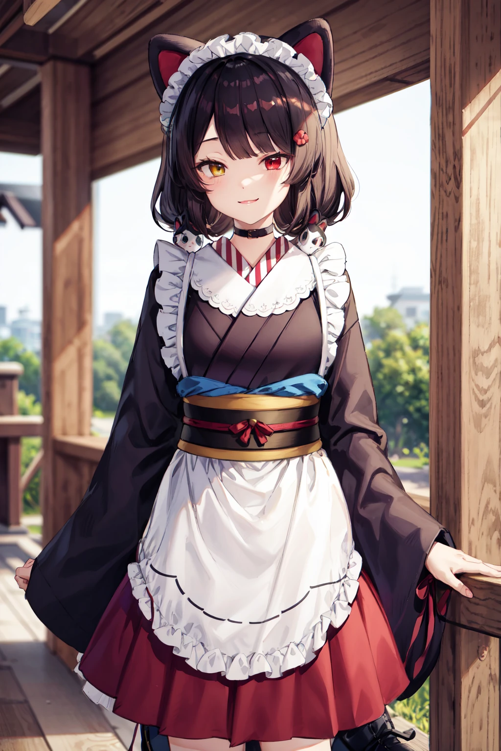 masterpiece,best quality,highres,ultra-detailed,aatoko,dog ears,heterochromia,maid headdress,long hair,low twintails,bangs,hair flower,choker,kimono,black kimono,sash,collar,apron,long sleeves,sleeves past fingers,frills,obi,dog tail,red skirt,boots,brown footwear,<lora:inui_toko:0.8>,outdoors,standing,:smile,cowboy shot,(arms_at_sides:1.2),