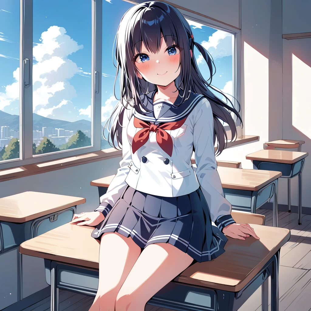 [high quality, best quality], 1girl, solo, nagase mana, one side up, <lora:mana_xl-000019:0.72>, hoshimi-uniform, smile, blush, sitting on desk, classroom, window, day, sky, cloud