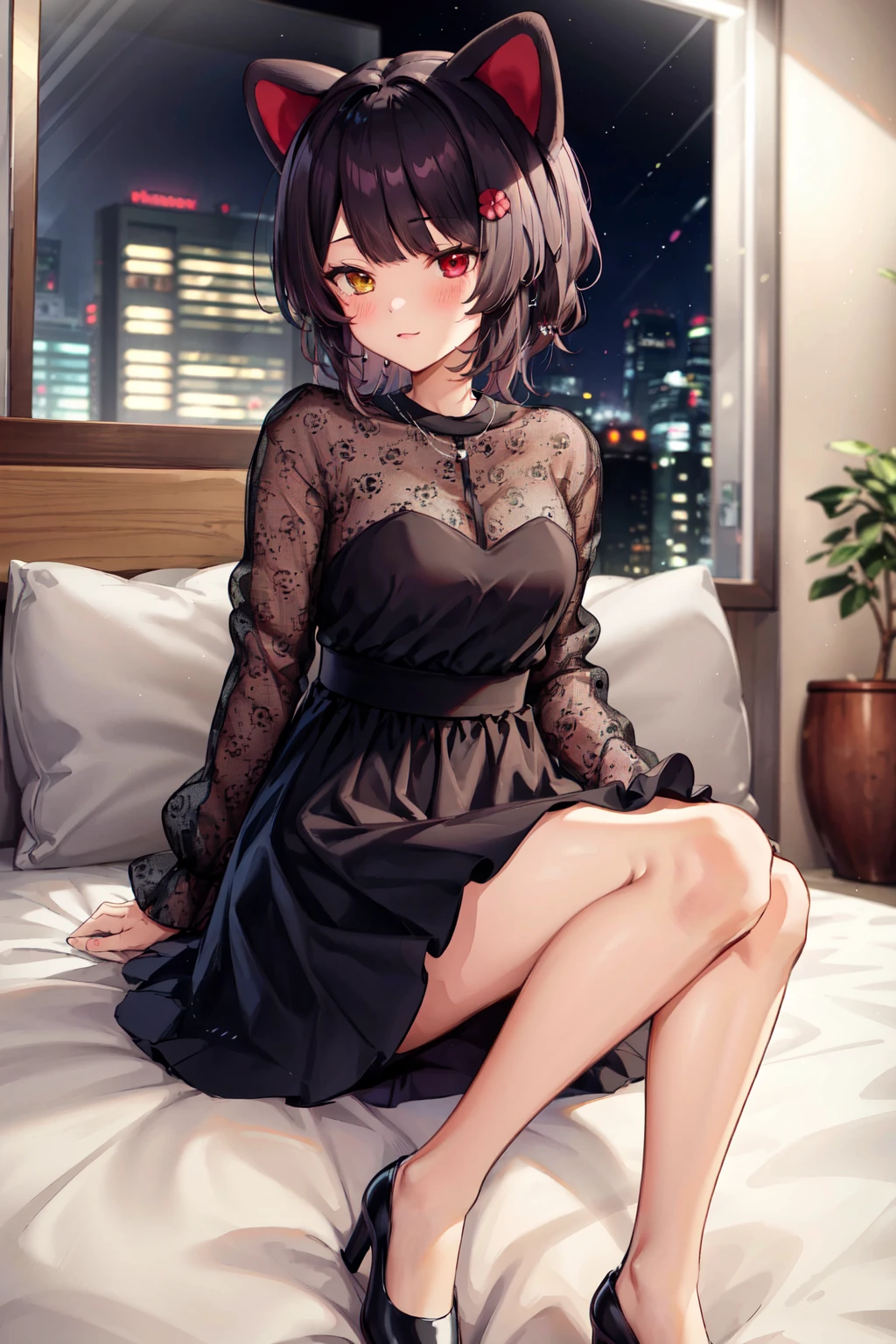 girl,
black hair,
short hair,
blunt bangs,
red eyes,
large breasts,
looking at viewer,
yawning,
one eye closed,
pajamas,
bed sheet,
sunrise from window,
waking up,
hand on mouth,
from above,
sit with legs stretched out on bed,
whole body,