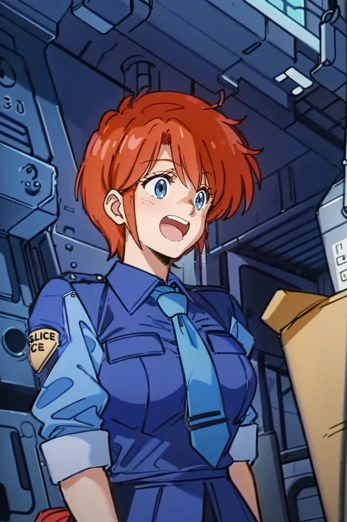 leonaozaki,  1girl, red hair, upper body, police uniform, blue blouse, necktie, (futuristic city street, dark), happy,  <lora:Leona_Dominion_Tank_Police-000012:1>