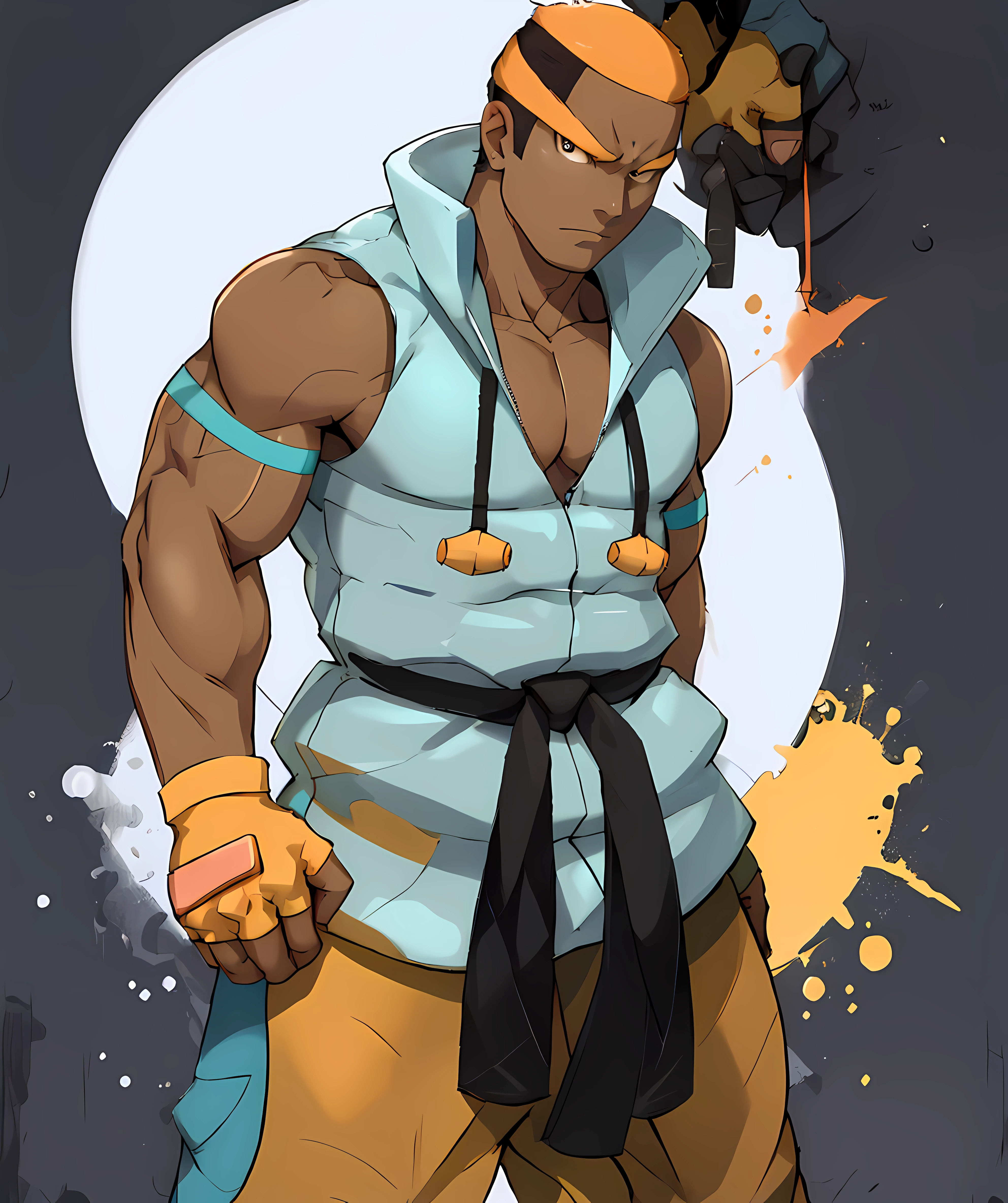 marshal_pokemon, orange eyebrows, orange short hair, orange tracktrackpants, sleeveless teal jacket, fingerless orange gloves, dark skin, gym, dojo, muscular, standing, looking at viewer, black belt, male focus <lora:Marshal-15:0.85>