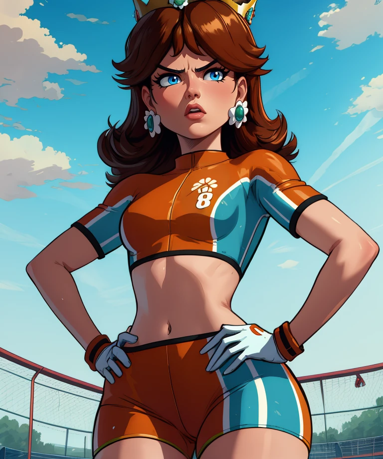 Daisy,brown hair,blue eyes,flower earrings,small crown,tanned,hand on hip,
number 8 soccer uniform,short sleeves,white gloves,orange teel shorts,midriff,
standing,serious,
soccer field,science fiction,outdoors,
(insanely detailed, masterpiece, best quality),<lora:Daisy-11SMSv9:0.9>,