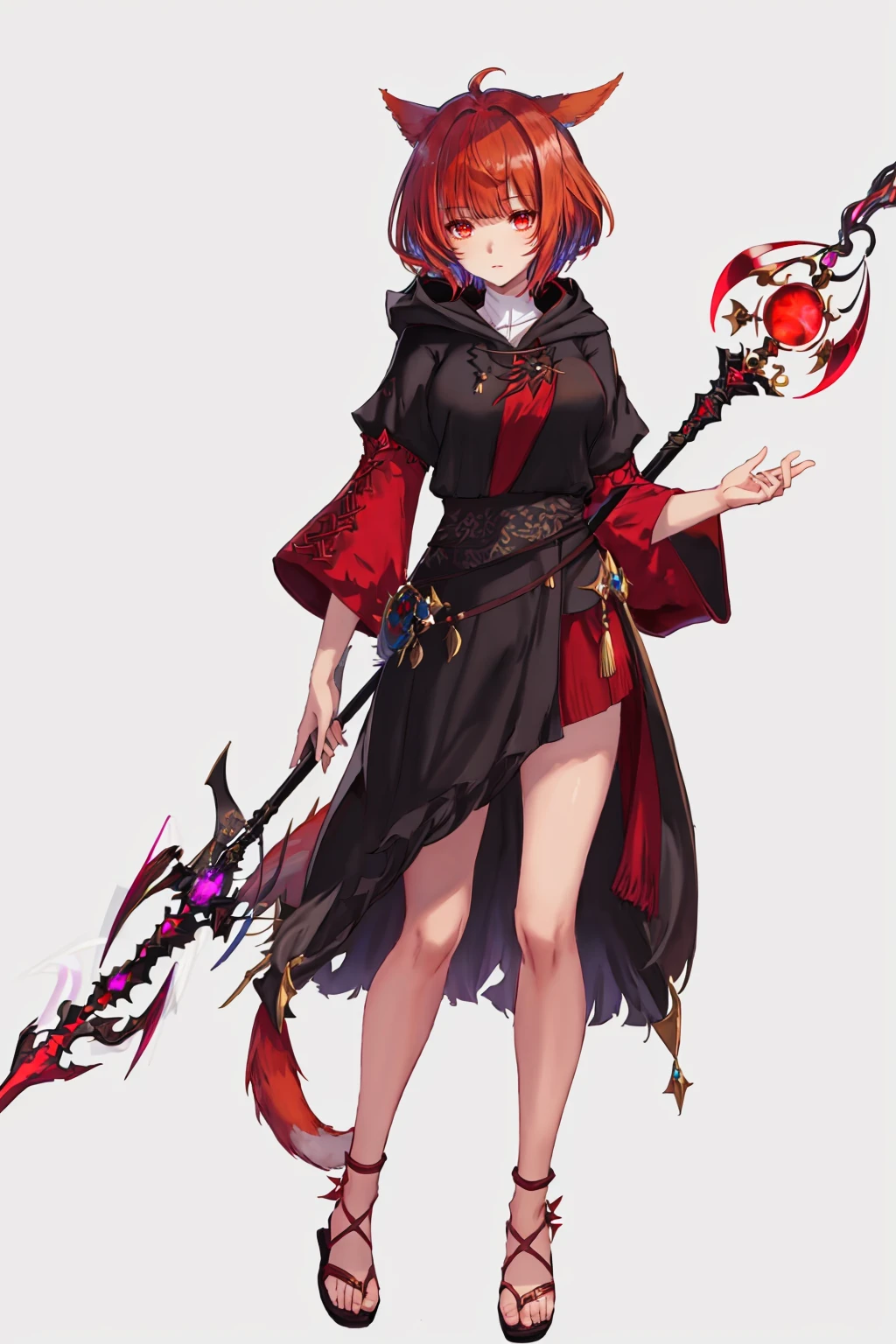 FemmeMiq, 1girl, female focus, mature, solo, feminine, looking at viewer, short hair, bangs, simple background, red eyes, holding, animal ears, standing, full body, red hair, multicolored hair, cat ears, hood, swept bangs, facial mark, sandals, hood down, slit pupils, staff, black background, robe, crystal, one eye covered, holding staff, miqo'te, black robe, hooded robe, <lora:FemMiqote:0.8>