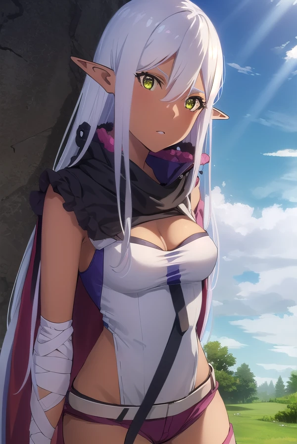 yaohaducy, <lora:yao ha ducy s1s2-lora-nochekaiser:1>,
yao ha ducy, long hair, white hair, pointy ears, dark skin, dark-skinned female, elf, dark elf, (yellow eyes:1.3),
BREAK thighhighs, shorts, cape, bandages, cleavage,
BREAK outdoors, forest, nature, grass, trees, sun, sky, clouds,
BREAK looking at viewer, (cowboy shot:1.5),
BREAK <lyco:GoodHands-beta2:1>, (masterpiece:1.2), best quality, high resolution, unity 8k wallpaper, (illustration:0.8), (beautiful detailed eyes:1.6), extremely detailed face, perfect lighting, extremely detailed CG, (perfect hands, perfect anatomy),