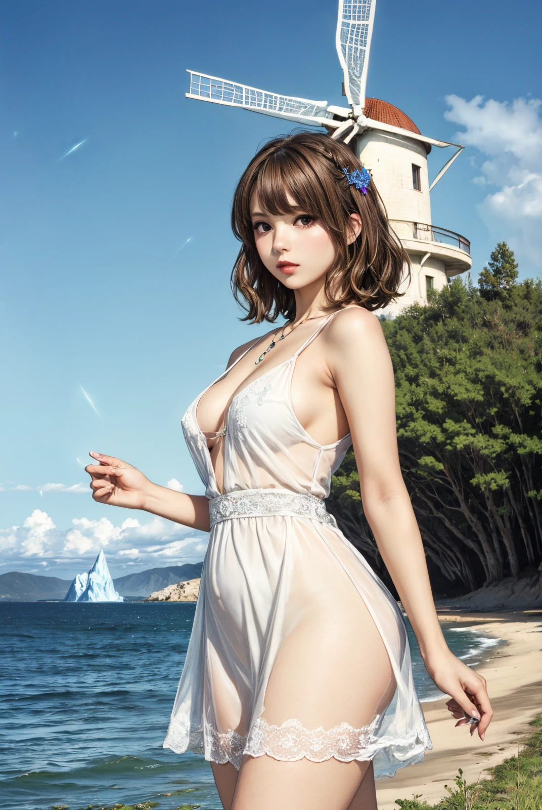 (top quality, 8k wallpaper), (masterpiece, best quality, high resolution, ultra details:1.2), extreme quality, sharp focus, (bright colors), (vivid color:1.2), photorealistic, extremely detailed, (ultra detailed), intricate details, <lora:InstantPhotoX3:0.2>, <lora:more_details:0.5>, (1girl, she is young Japanese girl), BREAK (brown hair, short wavy hair, medium breasts, bangs:1.3), (shiny skin, extremely detailed body, extremely detailed skin), (looking at viewer, standing, model posing:1.2), (perfect fingers), BREAK (from front, front face, facing viewer, panorama, cowboy shot, far-reaching), (necklace, bangle:1.1), (she is wearing see-through ballerina dress:1.3), ((Alice in wonderland, distorted space, fused background)), (iceberg, desert, ocean, forest, lightning, blue sky, eruption, flying fish, candy rain, rabbit, windmill, UFO:1.2),