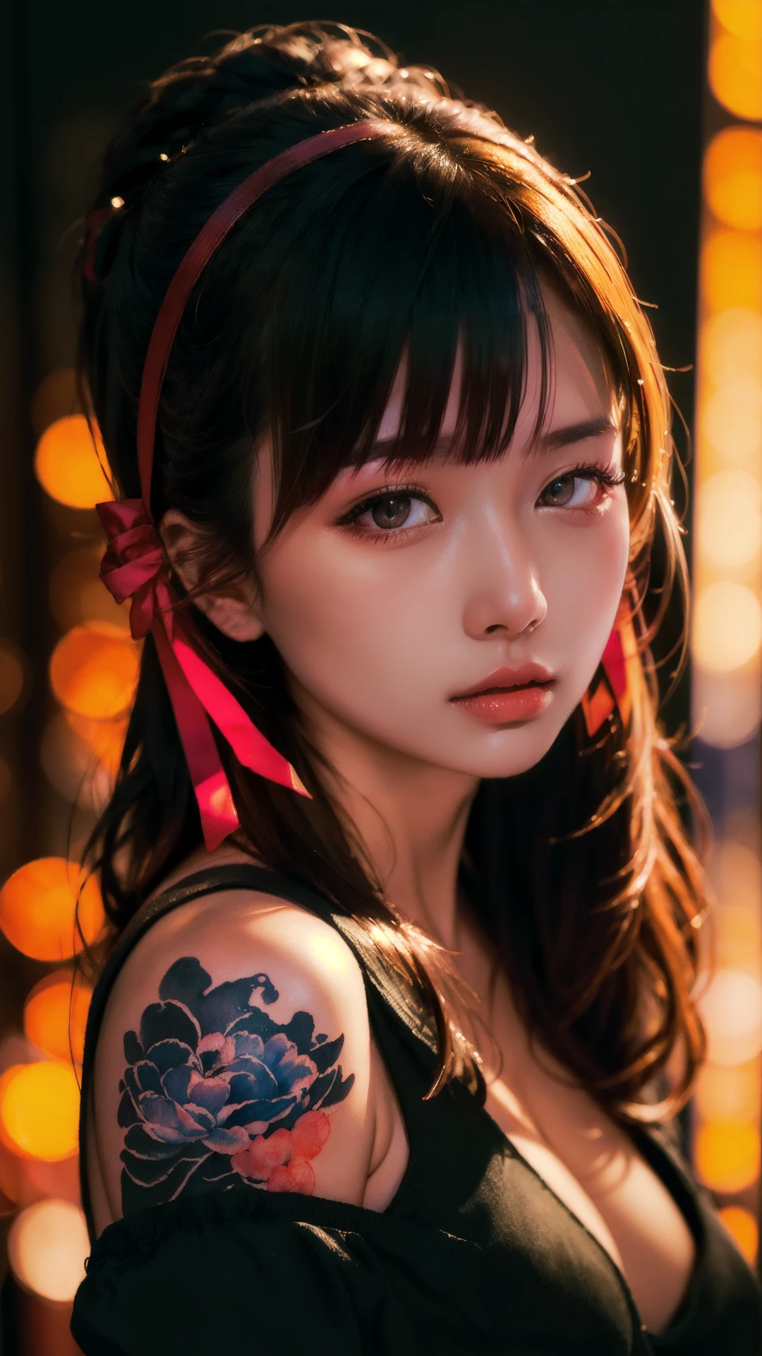 realistic,best quality,(masterpiece:1.2),absurdres,(Asian ethnicity,young woman),watercolor,a beautiful woman,shoulder,hair ribbons,half body portrait,extremely luminous bright design,(ink:1.3),autumn lights,looking at viewer,