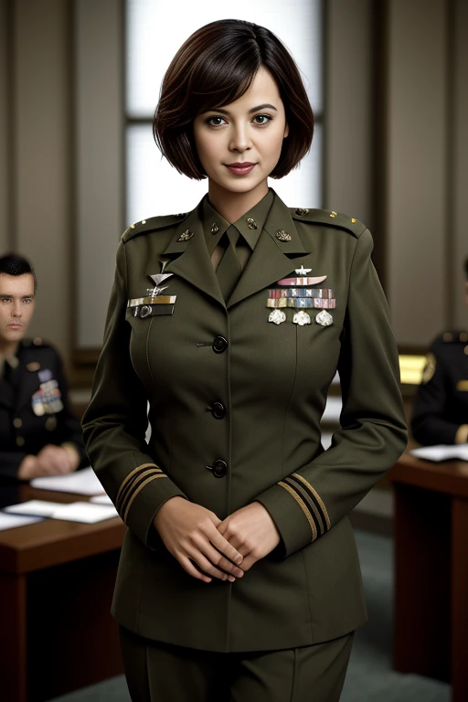 cath3rin3b311, short hair, looking at viewer, smile, uniform, military, military uniform, indoors, courtroom, <lora:Catherine_Bell_PMv1_Lora:1.3>,, digital painting portrait, natural lighting, in the style of pixar, trending on artstation, sharp, focus art by Arthur Streeton and BoÅ¾idar Jakac, ((Cinematic)), detailed skin texture, (blush:0.5), (goosebumps:0.5), subsurface scattering
