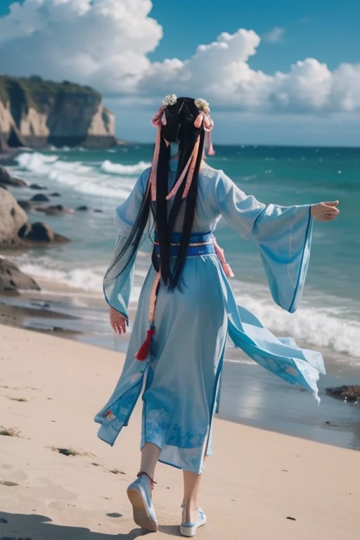 ltra-detailed,highly detailed,best quality,masterpiece,illustration,realistic,photorealistic,
baimoqing, 1girl, solo, 
hanfu, sash, long sleeves, chinese clothes, ribbon, wide sleeves, jewelry, anklet, chinese shoes, tassel,
very long hair, hair ornament, hair ribbon, hair bun, 
full body, from behind, facing away,open arms, running, 
outdoors, beach, water, waves, ocean, sand, day, shore, sky, splashing, cloud, blue sky, flower, wind,floating hair, 
 <lora:baimoqing_v1_07:0.7>