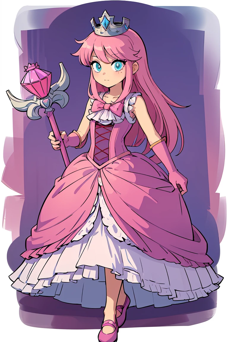 (masterpiece, best quality), 1girl, <lora:Princess:0.8> pterraria, aqua eyes, pink hair, crown, pink bow, pink dress, elbow gloves, frills, purple footwear, scepter, holding scepter