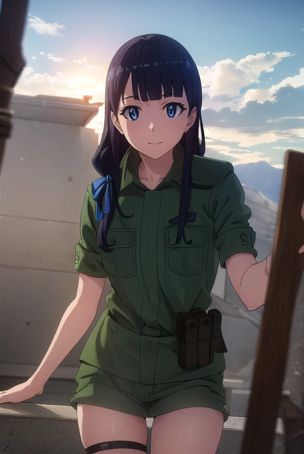 (masterpiece, best quality, detailed), 1girl, solo, iwakura_mitsumi, short hair, bob cut, black eyes, small pupils, black hair,, looking at viewer,
military uniform, military, soldier, belt, green pants, military hat, green jacket, camouflage, desert, sand, dust, sun, contrapposto, serious, v-shaped eyebrows
