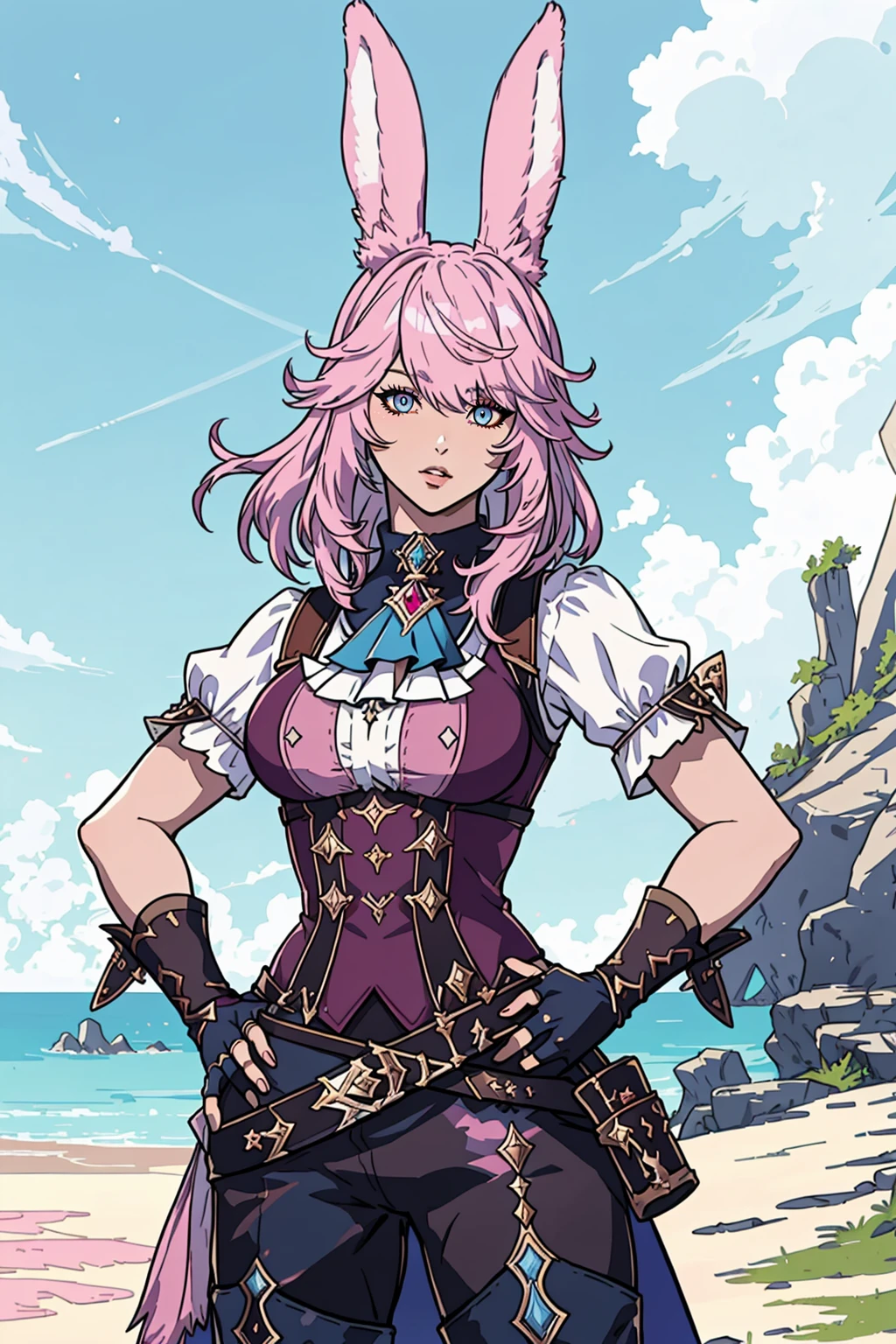 FFXIV_Viera, 1girl, solo, looking at viewer, bangs, blue eyes, gloves, animal ears, jewelry, pink hair, outdoors, belt, fingerless gloves, medium hair, rabbit ears, hand on hip, ascot, heterochromia, viera, masterpiece, official art, best quality, <lora:FFXIVViera:0.7>