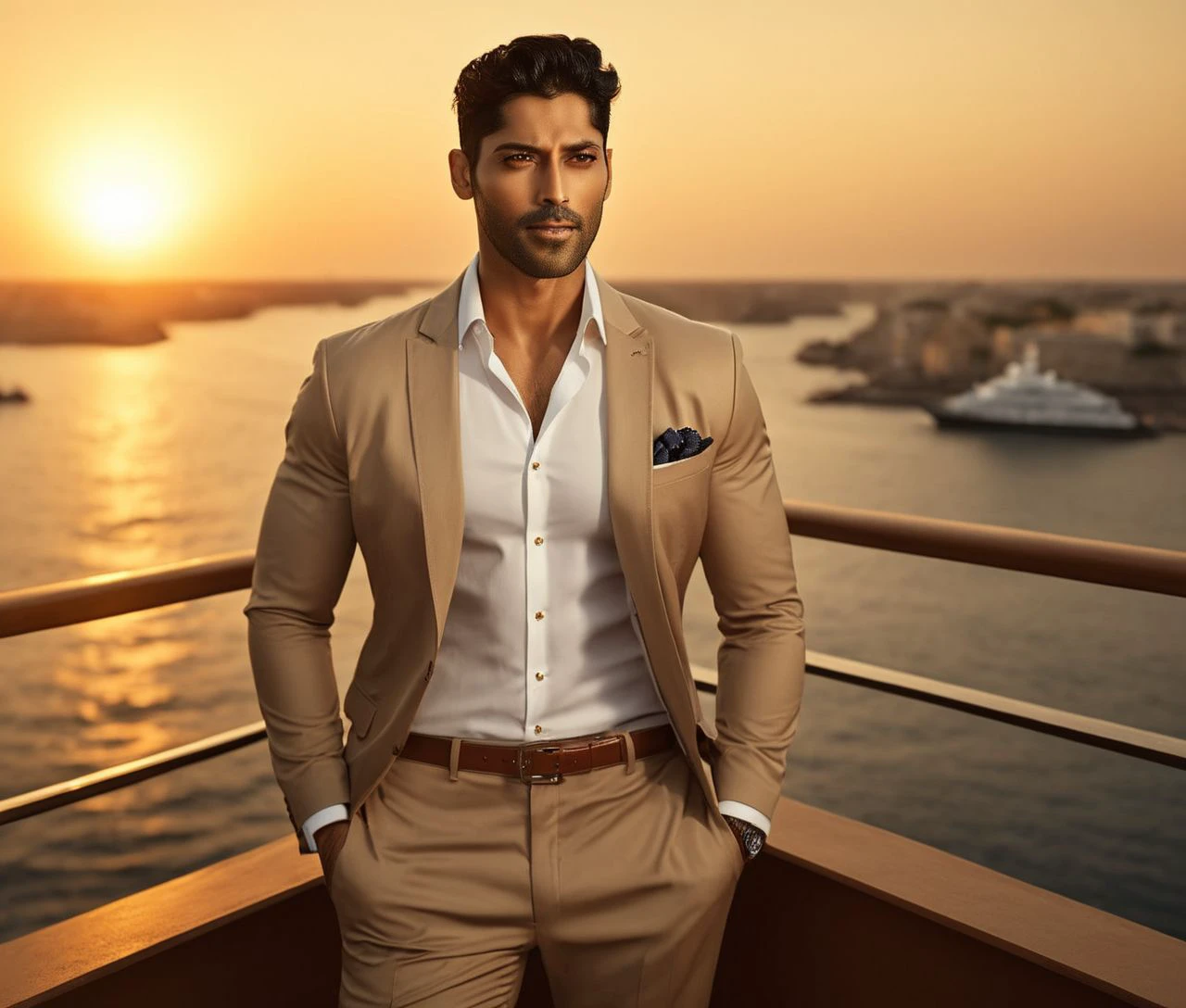 Nautical-themed (Photo:1.3) of (Ultrarealistic:1.3) <lora:Man_Men_FFashion:1> mahesh jadu a man <lora:Smaran-Sahu_Mahesh-Jadu:1> in a tan suit standing on a balcony, sun behind him, inspired by Pablo Munoz Gomez, shot at golden hour, editorial photograph, midshot of a hunky, by Roman Bezpalkiv, by Artur Tarnowski, maxim sukharev, by Gabor Szikszai,Highly Detailed,(Mono Color:1.3) . Sea, ocean, ships, maritime, beach, marine life, highly detailed