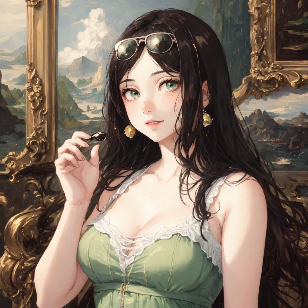 upper body shot of Mona Lisa with sideswept bangs wearing a sleeveless summer dress, sunglasses on her head, green eyes, gorgeous smile, serafuku, large breasts, freckles, standing in an art gallery, V \(hand pose\)