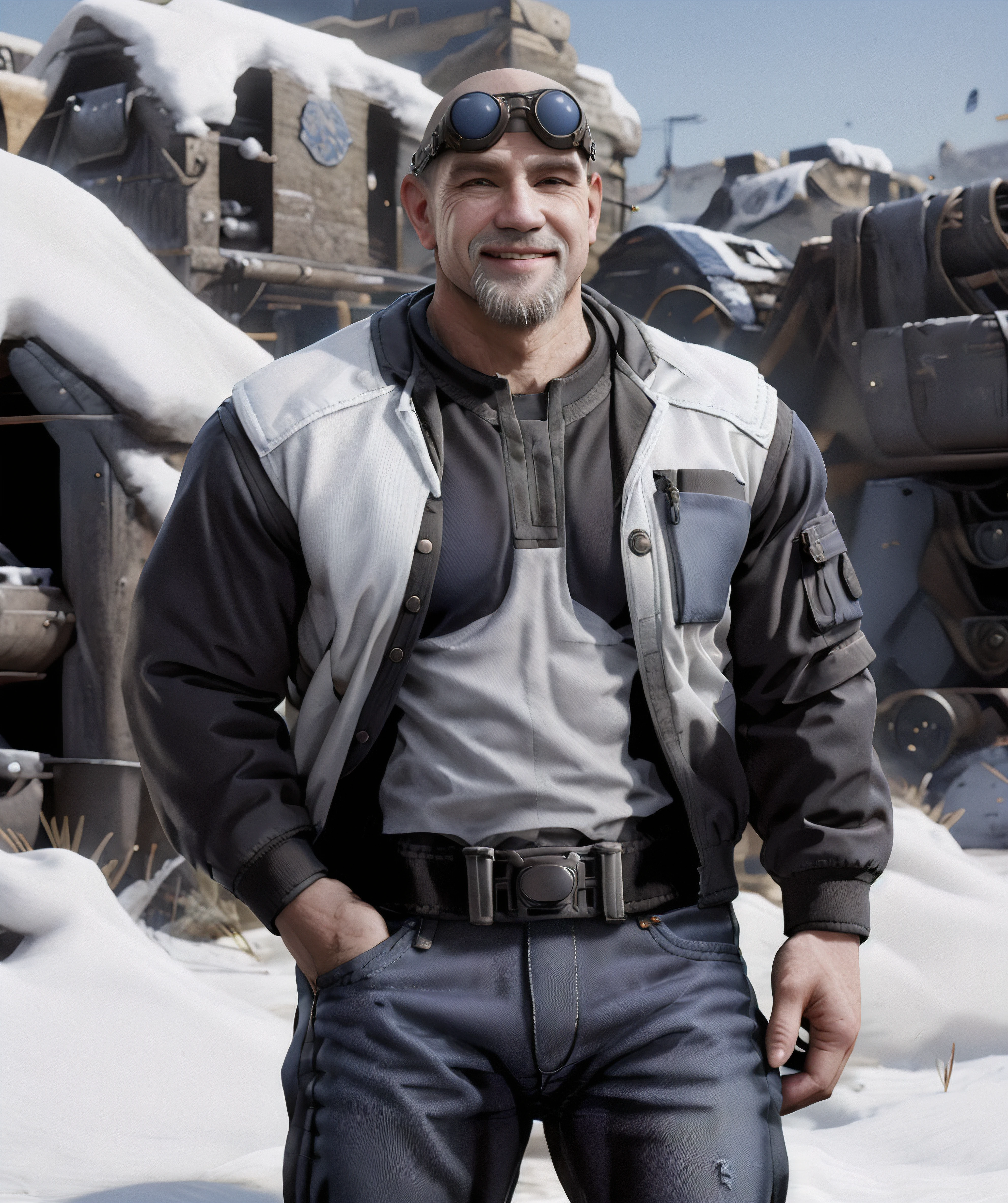 old_damon_baird, bald, goggles, old, wrinkle, white beard, black bomber jacket, jeans, hands in pocket, smiles, (town:1.3, snow) <lora:Old_Damon_Baird:0.85>