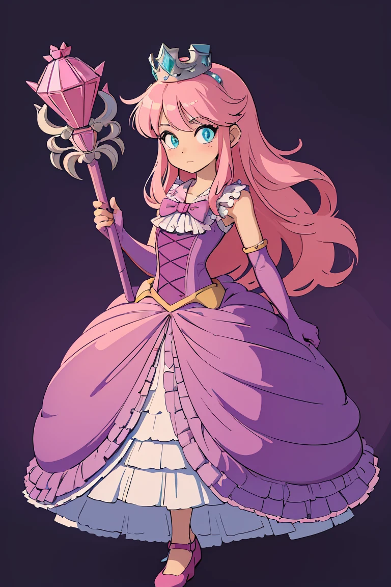 (masterpiece, best quality), 1girl, <lora:Princess:0.8> pterraria, aqua eyes, pink hair, crown, pink bow, pink dress, elbow gloves, frills, purple footwear, scepter, holding scepter