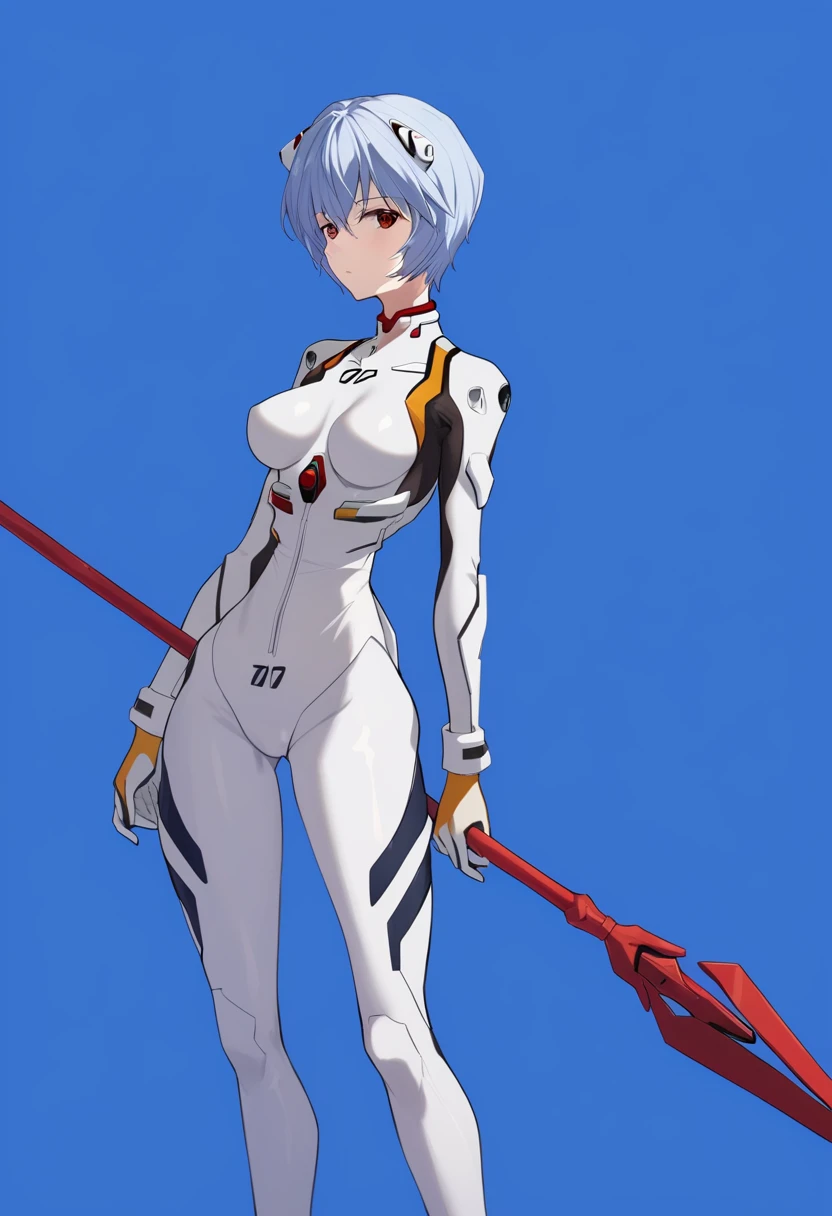 1girl, ayanami rei, solo, plugsuit, bodysuit, blue hair, white bodysuit, red eyes, short hair, weapon, blue background, polearm, simple background, looking at viewer, interface headset, holding, breasts, standing, medium quality, late, <lora:char - ayanami rei - v1 - bionagato:1>