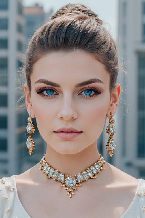 ((best quality)),((masterpiece)),((detailed)),portrait of a stylish woman,(effortlessly chic:1.2),[radiant expression],(mesmerizing blue eyes:1),[fashion-forward outfit],(statement jewelry:1.3),[modern city style],(sleek hairstyle:1.2),[timeless elegance],(subtle makeup:1.2),[soft backdrop],(metropolitan setting:1.1),[fashion magazine aesthetics],(editorial quality:1.2),(8k resolution:1.2),