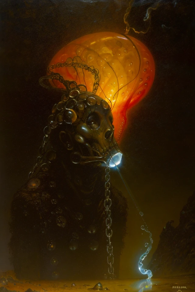 A dark fantasy sci-fi alien painting depicting a bulbous headed organism whose (orifices (spill out:0.8) new lava  particles on chains), H. R. Giger, Dave McKean, Beksiński and Joel Peter-Witkin, polished chrome, inhaling light, jellyfish, plumes of bitcrushed dithering, smoke that rock to crack your glass brain,
-<popskullnegx>
Steps: 30, Sampler: DPM++ 2M Karras, Guidance Scale: 6.6, Seed: 2450410722, Size: 640x960, Model: ps999_fp16_f16.ckpt, Strength: 1.0, Seed Mode: NVIDIA GPU Compatible, Hires Fix: true, First Stage Size: 512x768, Second Stage Strength: 0.4