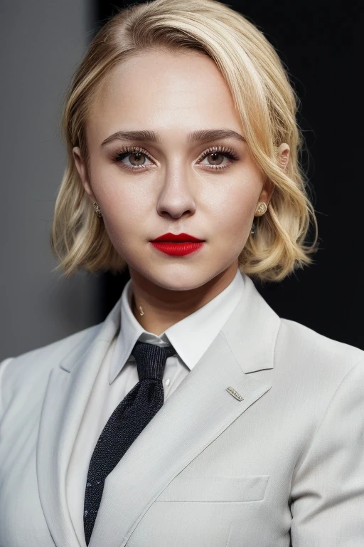 H@ydenp@n, woman, wearing business suit with tie,serious look, light red lips, photorealistic, realistic
