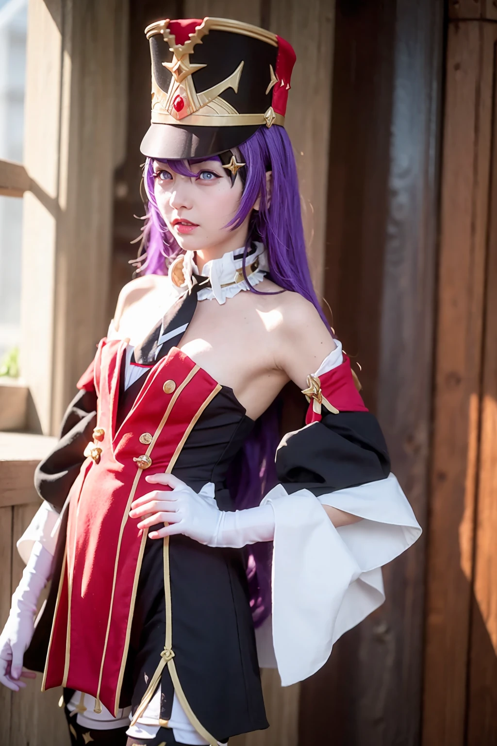 masterpiece, best quality,  <lora:chevreuse:1>,(photoshop \(medium\):1.4),
1girl,hat,shako cap,purple hair,long hair, eyepatch, purple eyes,detached collar, necktie,bare shoulders,detached sleeves,dress,white gloves,garter straps,black pantyhose,