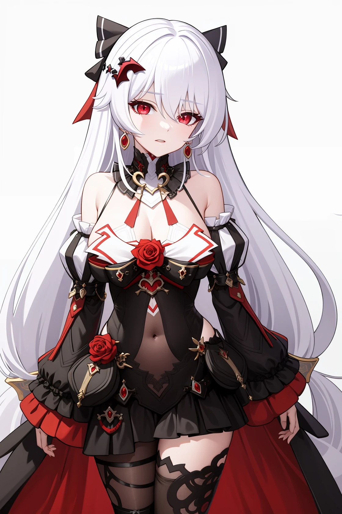 <lora:å¤§æä¸:1>,theresa apocalypse \\\(luna kindred\\\),red eyes,long hair,dress,bangs,bare shoulders,hair ornament,white hair,rose,cleavage,flower,black dress,earrings,hair between eyes,jewelry,detached sleeves,thighhighs,, 1girl,
,  (masterpiece,best quality:1.2),absurdres