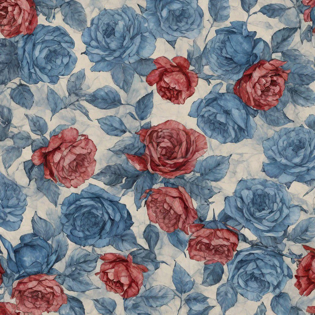 {Blue and red ink flowers with open petals randomly distributed among a vintage stained background with a graphic hatching pattern in the roses overlaying the stems of the underlying flowers}, Ditsy, Floral, Detailed, Watercolor, Wash, Textured, Paint, Daub, Lines, Hatching, Graphic