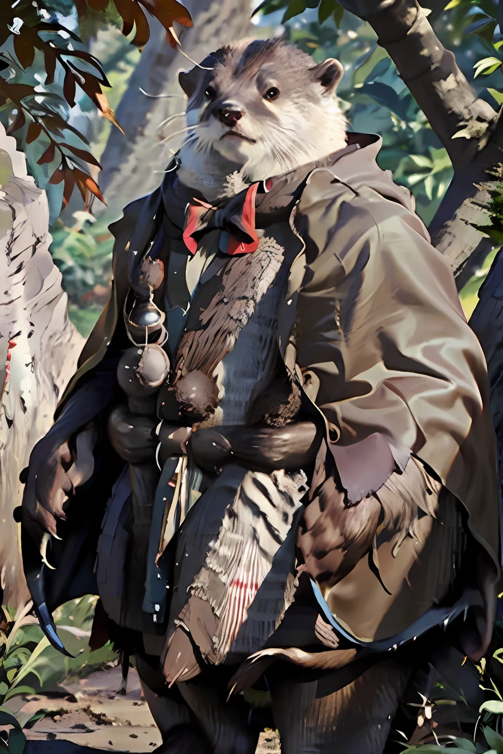 <lora:asco_v2:1>, (asco:1.2) wearing red striped cape, paws, illustration, standing full body, masterpiece, insane details, forest fantasy, <lora:dream:1>, <lora:add_detail:-0.8>