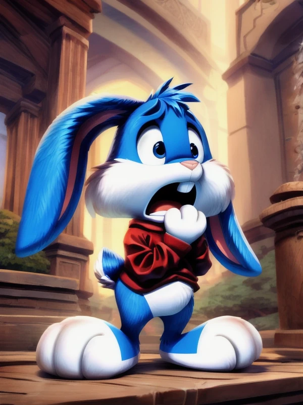 concept art <lora:Baster_v3_FR70:0.8>, <lora:Furtastic_Detailer:0.7>, solo, Baster, bunny, male, blue body color, white cheeks, mouth open, white belly, white legs, white gloves on hands, pink nose, rabbit teeth, white tail, blue ears, ears droop, lop-eared, Red T-shirt, standing, hands pressed to chest, colorless eyes, looking up, scared, excited, young, Small body, dwarf
masterpiece, high quality, best quality, detailed, detailed background, 8k, 4k, texture, intricate, detailed shaders . digital artwork, illustrative, painterly, matte painting, highly detailed
