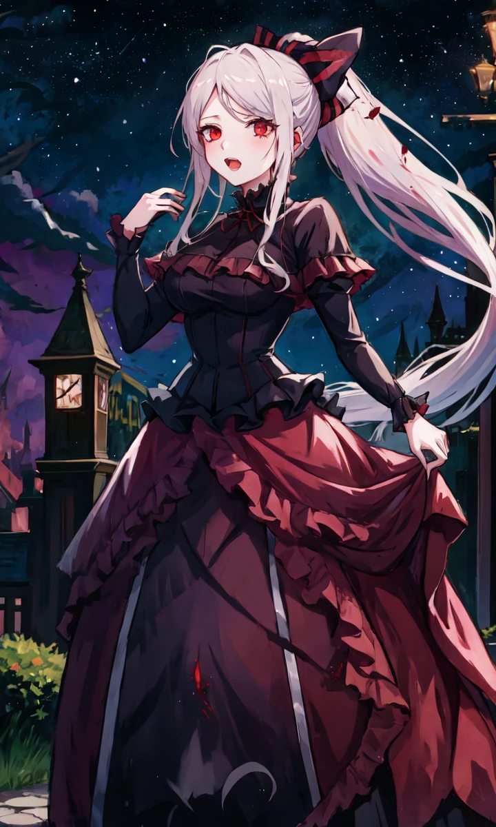 shalltear bloodfallen, shalltearcostume, 1girl, masterpiece, best quality, ponytail, outdoors, night, starry sky, vampire, gothic, <lora:Shalltearnew:1>, full body, closed mouth