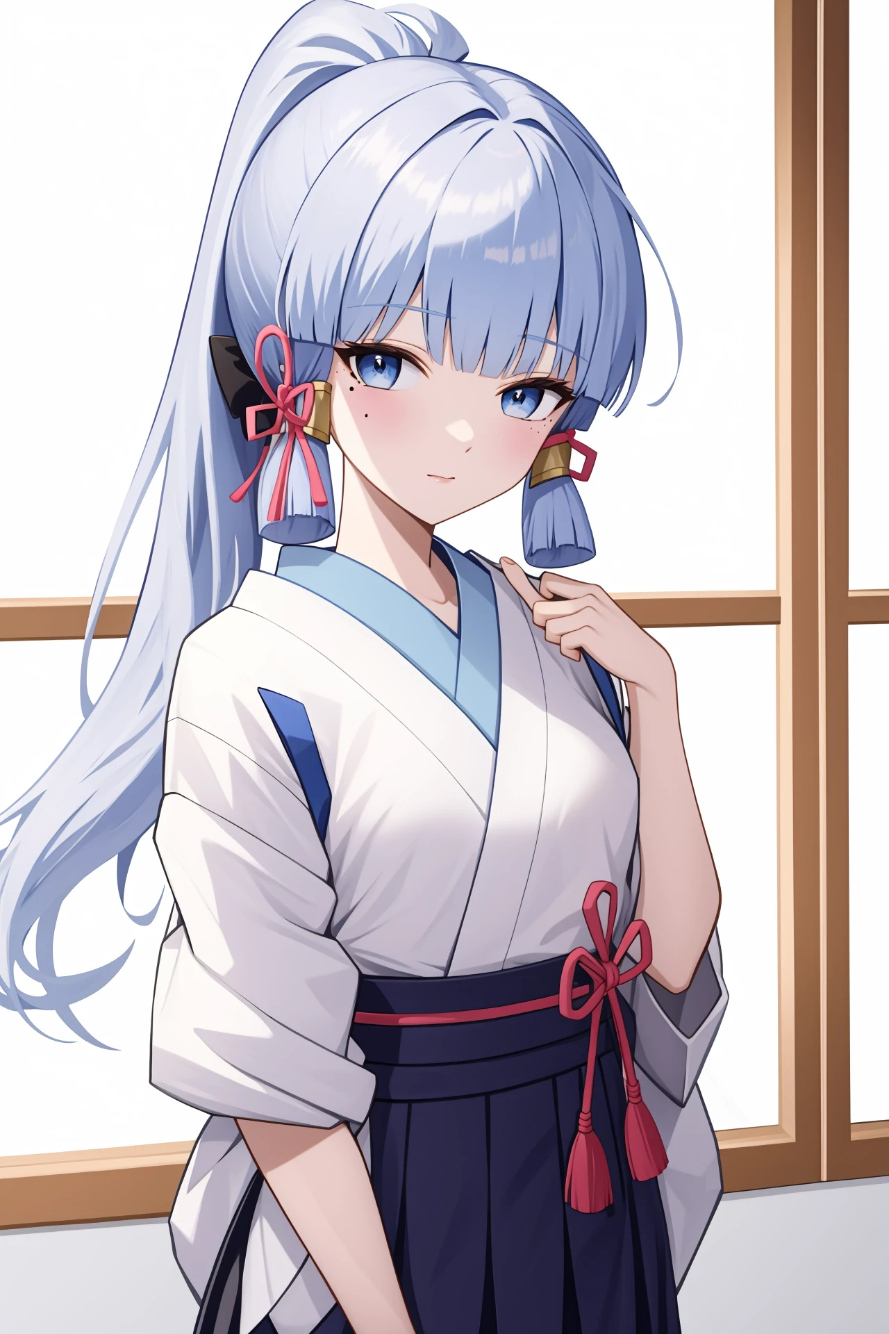 <lora:ç¥éåéæ:1:lbw=char>,kamisato ayaka,bangs,long hair,ponytail,ribbon,blunt bangs,hair ribbon,blue eyes,blue hair,japanese clothes,skirt,kimono,sidelocks,hakama,mole under eye,, 1girl,
, (masterpiece,best quality:1.2),absurdres