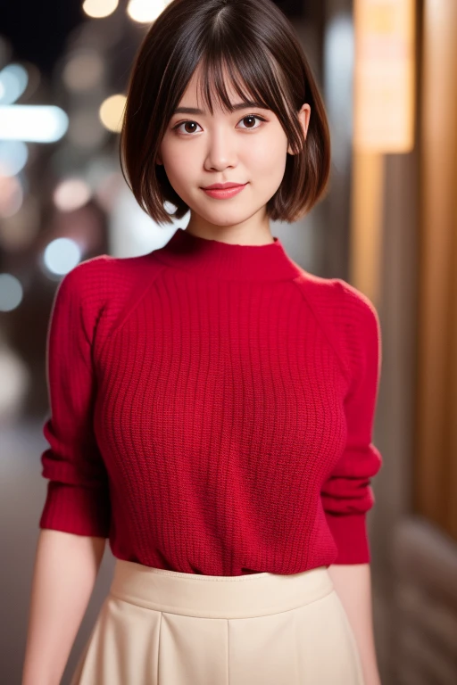 masterpiece, best quality, photorealistic, raw photo, DSLR, 15-year-old beautiful Japanese girl, shiny fair skin, realistic beautiful no makeup face, realistic beautiful bright eyes, double eyelids, look at viewer, smiling, highest detailed shiny black short hair and bangs, disheveled hair, slim figure, slim face, slim waist, big breasts, ((red knit sweater, jeans pant, whole body)), realistic lighting and shadows, depth of fields, highest delicate and beautiful photo, ultra high resolution, 8k UHD wallpaper,