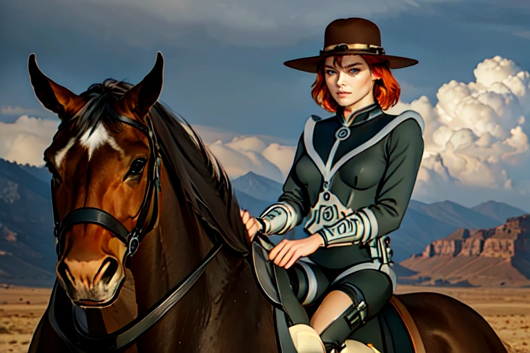 solo, full body:1.2, a woman sitting on a horse, sandstorm aproching, dark clouds, beautiful eyes, beautiful girl, high detail skin, high detail eyes, high detail hair, highres, ultra detailed, sharpen picture, Highly detailed, masterpiece, best quality, photorealistic, <lora:JudgeMcBrideLoRA:1> 1girl, short hair, hat, spacesuit, grey pants
