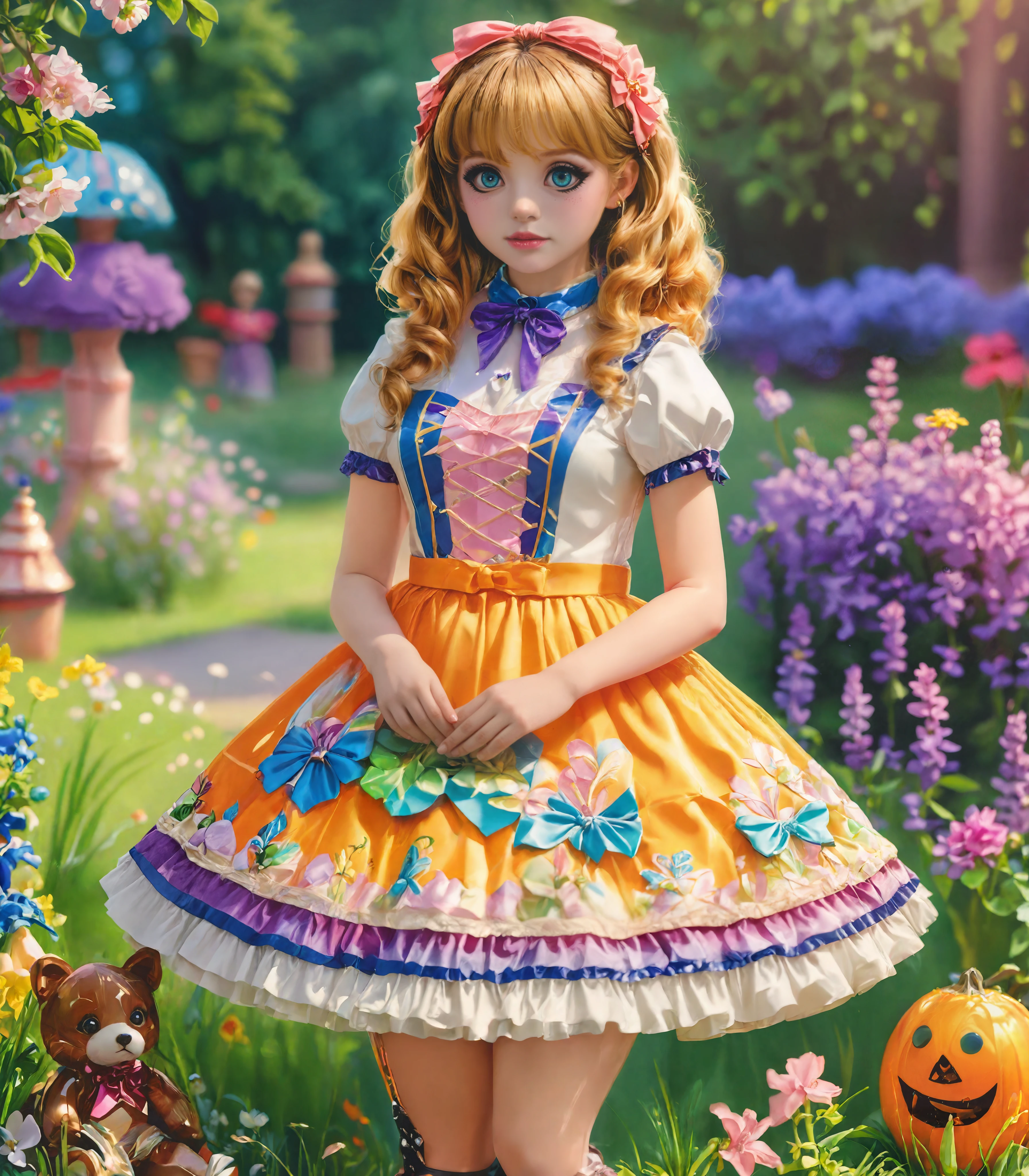 highly detailed hyperrealistic photorealistic, photograph of a (doll:1.4) with purple eyes standing in a meadow, wearing a (bright orange) sweetop with bell-shaped skirt, (porcelain skin:1.2), black leather mary jane shoes, tights, kawaii makeup, volumetric lighting, ray tracing <lora:sweetlolitaxlv4-28-0:1.2> <lora:KawaiiMakeupXLv2:1.0>, full body shot