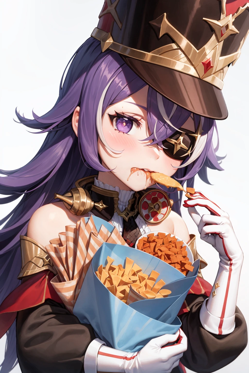 masterpiece, best quality, <lora:chevreuse:1>,
1girl, purple hair, solo, long hair, food, eyepatch, hat,purple eyes, multicolored hair, single glove, gloves, holding, looking at viewer, licking finger, licking, holding food, streaked hair, bangs, hair between eyes, simple background, notice lines, food on face, white hair, blush, bare shoulders, upper body, white background, asymmetrical gloves, white gloves, french fries, eating, black headwear, shako cap, very long hair, mismatched gloves