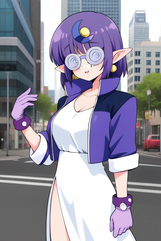 <lora:Arara_Cocoa:0.8>, AraraCocoa, 1girl, glasses, freckles, solo, pointy ears, purple hair, crescent hair ornament, crescent, earrings, jewelry, hair ornament, short hair, round eyewear, jacket, gloves, dress, white dress, bangs, breasts,
city,
masterpiece, high quality, very_high_resolution, large_filesize, full color,