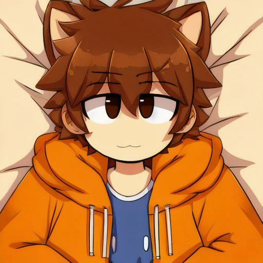 GDColon, brown hair, laying on bed, 2D, orange jacket,