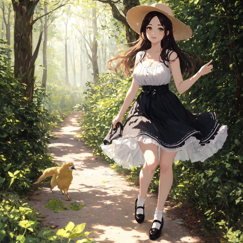 full body shot of Mona Lisa with sideswept bangs wearing a sleeveless summer dress, white straw hat with a black ribbon, green eyes, gorgeous smile, large breasts, freckles, standing in a lush forest, dappled sunlight
BREAK short frilly skirt, cleavage, Mary Janes with short ruffled socks, yellow finch flying