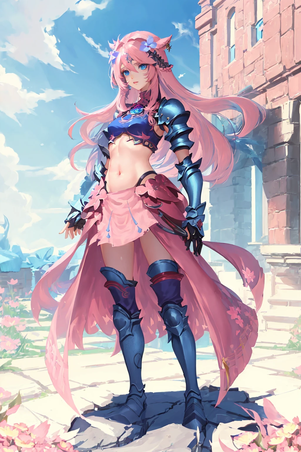 FemmeMiq, 1girl, solo, long hair, blue eyes, navel, jewelry, standing, full body, pink hair, flower, boots, midriff, armor, lips, hand on own chest, gauntlets, flower field, <lora:FemMiqote:0.8>