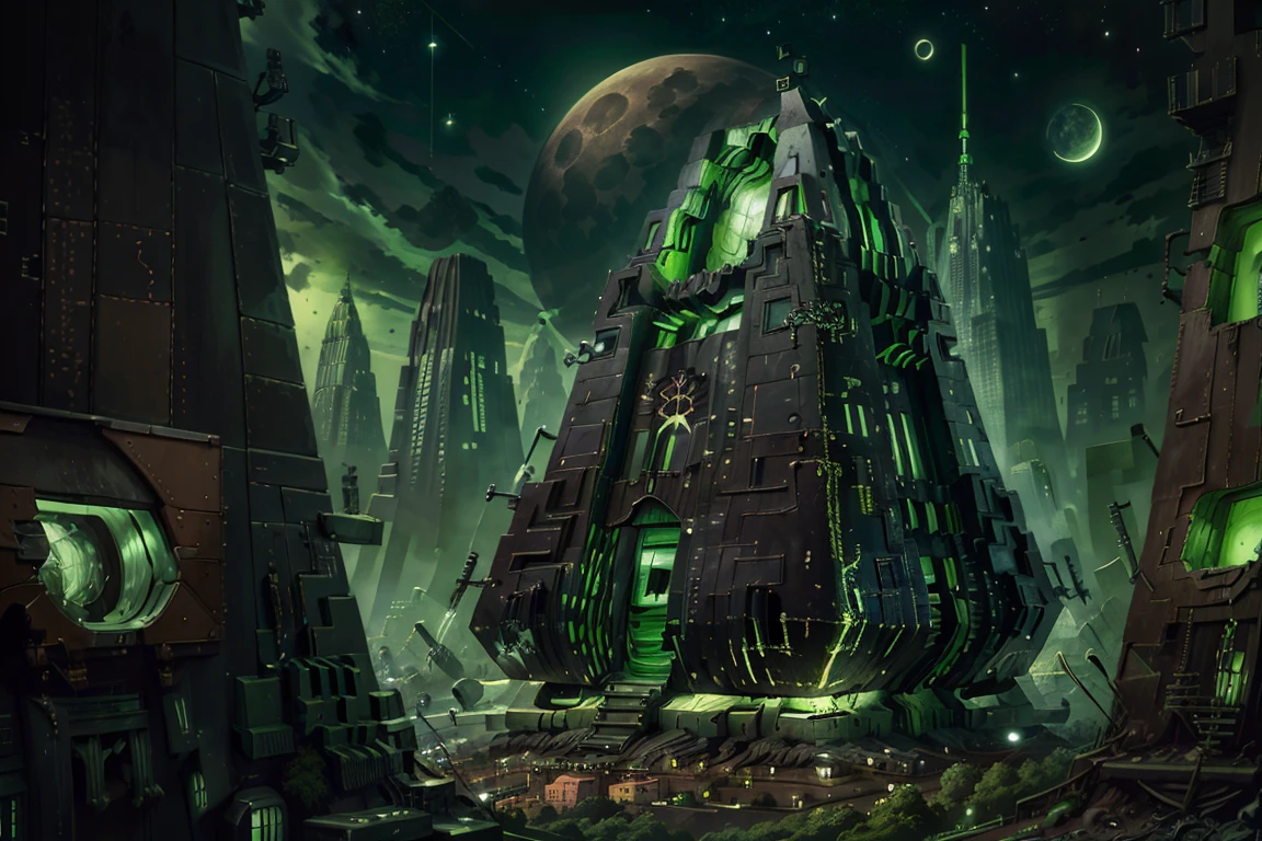 ((masterpiece,best quality)),
<lora:Necron_Architecture:0.7>,
Necron_Architecture, (city, buildings with windows :1.2),
electricity, green glow, green theme, green moon, starry sky, space,