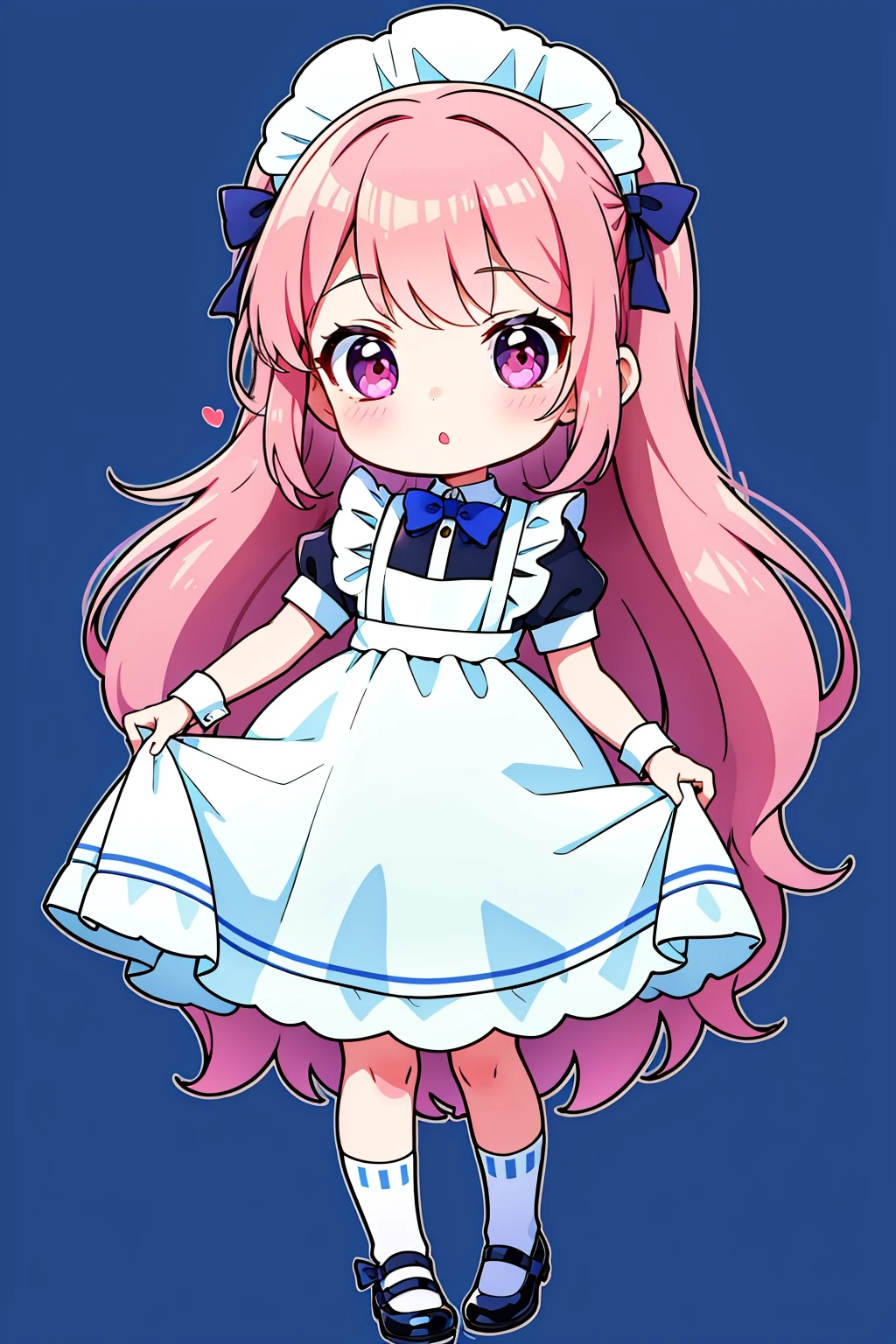 chibi,solo,1girl,maid headdress,long hair,shoes,socks,dress,mary janes,pink hair,blue background,full body,maid,bow,black footwear,looking at viewer,skirt hold,pink eyes,short sleeves,bangs,very long hair,white socks,blush,black bow,apron,bowtie,wings,standing,wrist cuffs,puffy sleeves,:o,white dress,puffy short sleeves,hair bow,white apron,maid apron,black bowtie,<lora:chibi style-000020:0.7>,