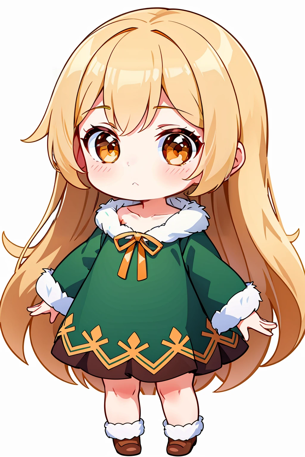 chibi, 1girl, solo, green dress, dress, full body, white background, looking at viewer, fur trim, long hair, brown footwear, blonde hair, long sleeves, collarbone, bangs, standing, yellow ribbon, ribbon, blush, closed mouth, fur-trimmed dress, waving, brown eyes, hand up, orange eyes,<lora:chibi style-000020:0.7>,