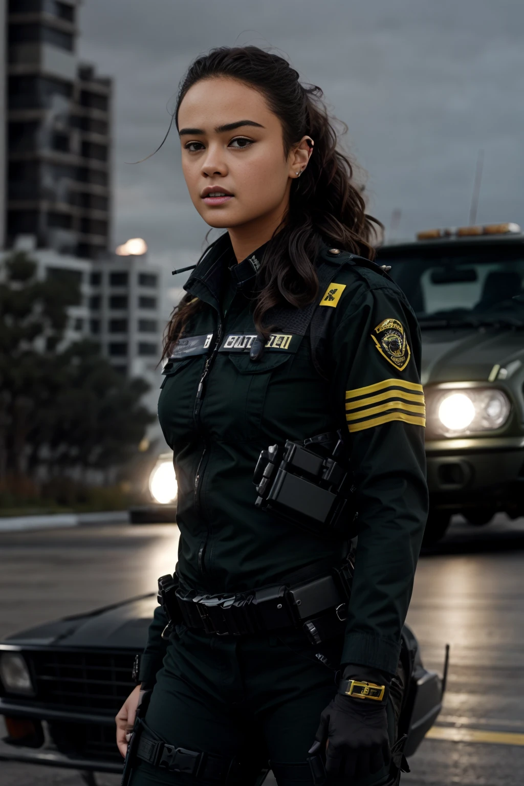 best quality, masterpiece,<lora:opt-courtneyeaton:1>opt-courtneyeaton, photorealistic, wearing a swat uniform in an action movie, guns, explosions