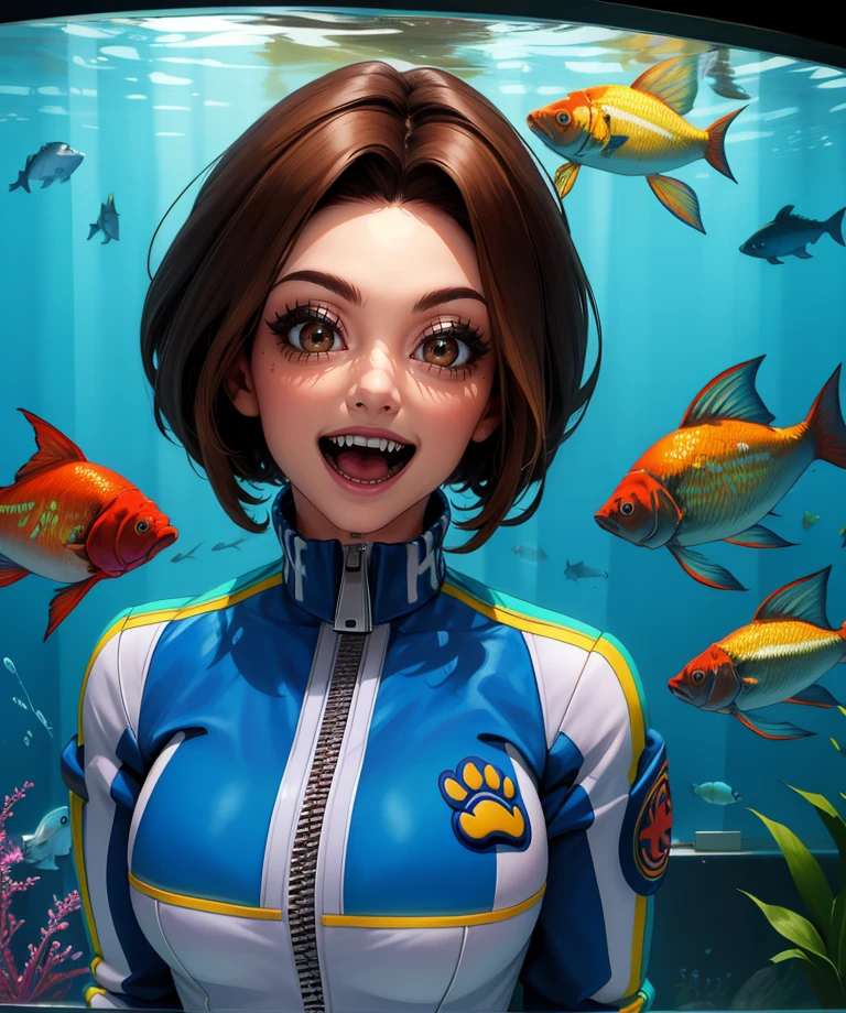 Uriko,brown short hair,brown eyes,standing,upper body,smiling,
blue track jacket,sleeves past wrists,zipper,
standing,open mouth,
in a large aquarium,large glass windows,fish,
(insanely detailed, beautiful detailed face, masterpiece, best quality),<lora:Uriko-11BRv8:0.8>,