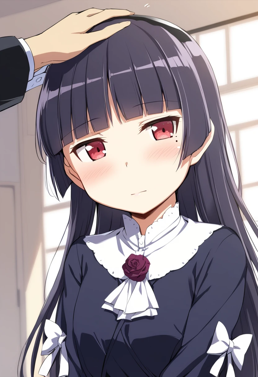 1girl, gokou ruri, headpat, pov, black hair, long hair, red eyes, flower, mole under eye, hime cut, blush, looking at viewer, hair ornament, medium quality, late, <lora:char - gokou ruri - v1 - bionagato:1>