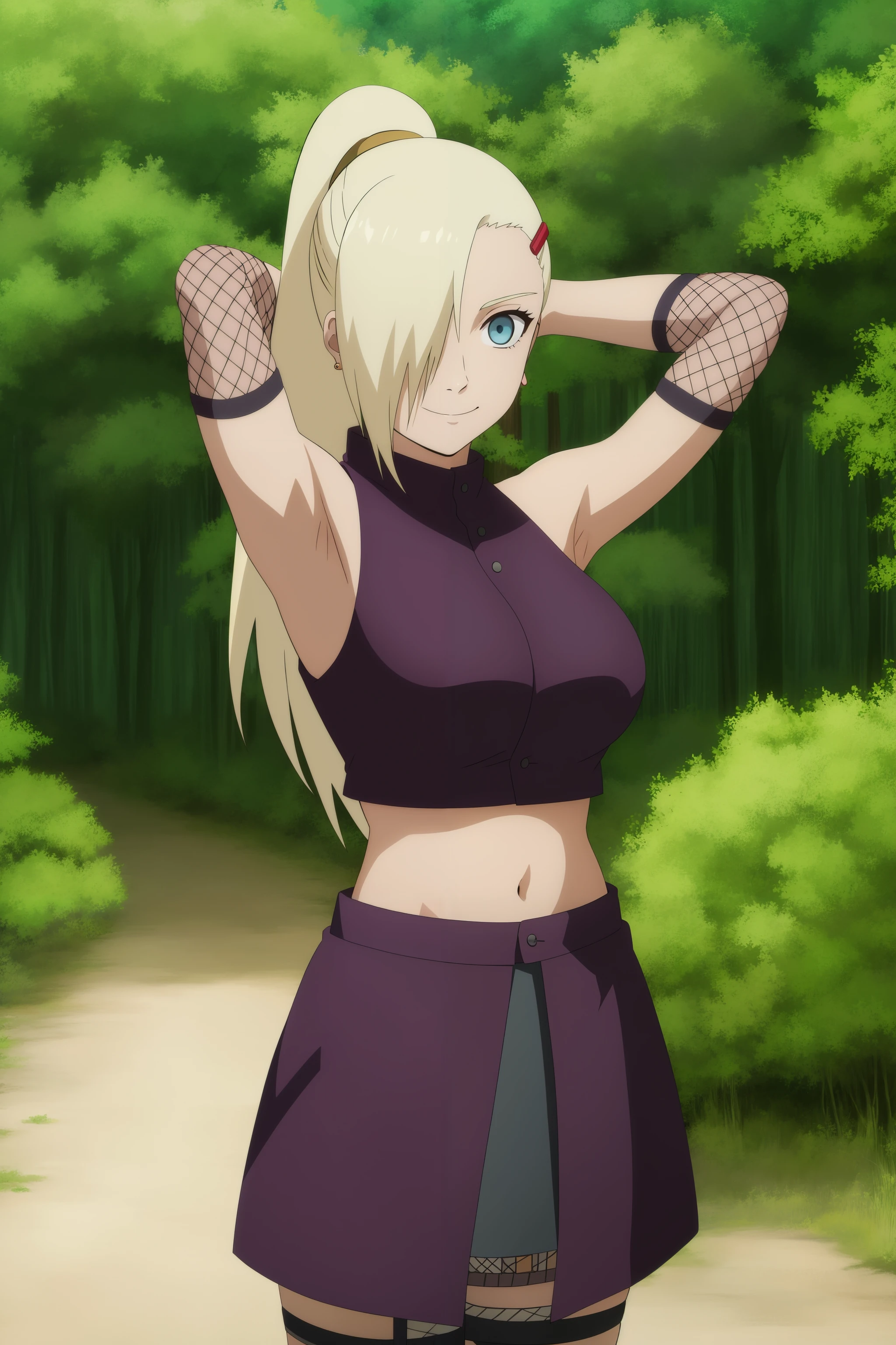 1girl, solo,blue eyes, ponytail, hair over one eye, hairclip,earrings,looking at viewer,breasts, long hair, blonde hair, large breasts,standing,outdoors,forest,smile,closed mouth,<lora:Ino-000030:1>,skirt, sleeveless shirt, midriff, navel, fishnets, ninja, cowboy shot, arms behind head,  <lora:animemix_v3_offset:0.7>