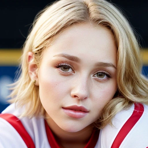 H@ydenp@n, woman, wearing baseball Jersey, close up, crimson lips, photorealistic, realistic
